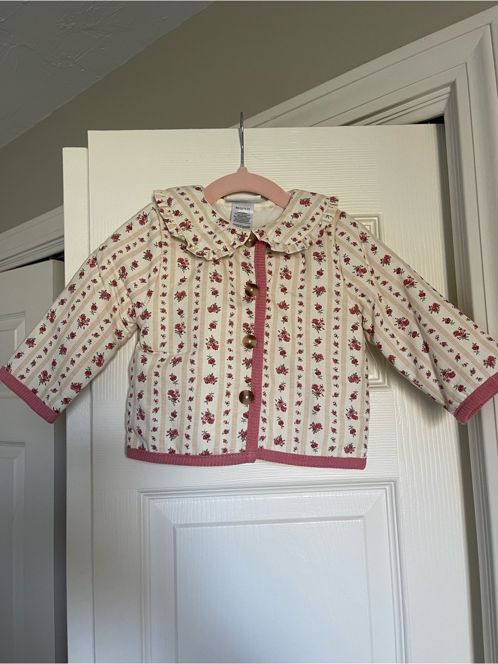 Nicole Miller Girls Cream Floral Quilted Jacket with Pink Trim